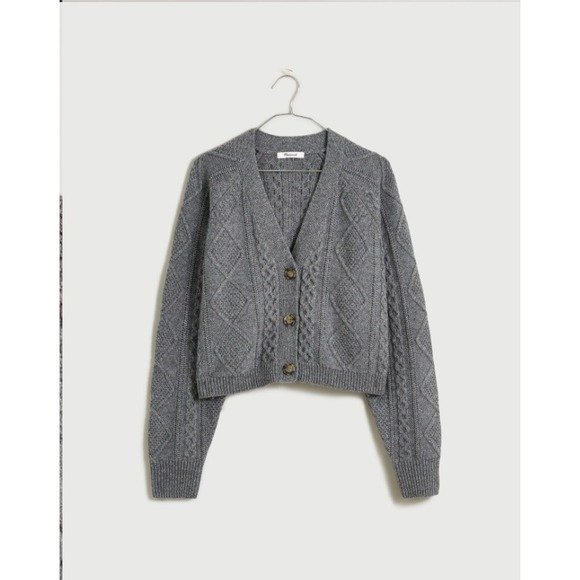 Madewell Cardigan S Cable Knit Cropped Wool Blend Gray Silver Fisherman Preppy - Picture 3 of 16